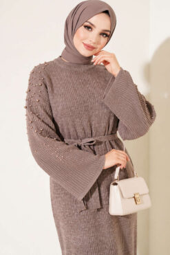 Alternative view of Shoulder-Embellished Knit Dress with Belt Mink