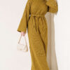 Shoulder-Embellished Knit Dress with Belt Oil Green