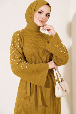 Alternative view of Shoulder-Embellished Knit Dress with Belt Oil Green