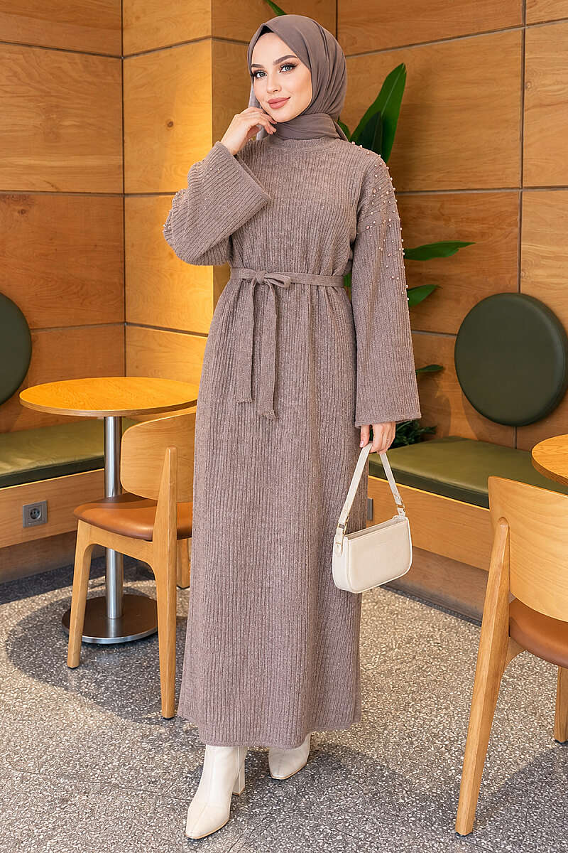 Shoulder-Embellished Knit Dress Mink - الصورة 4