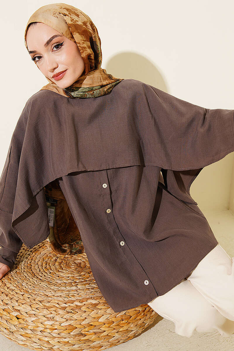 Shoulder Cape Button Detail Tunic Mink