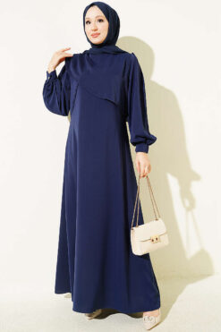 Shoulder Pleated Detail Dress Navy Blue