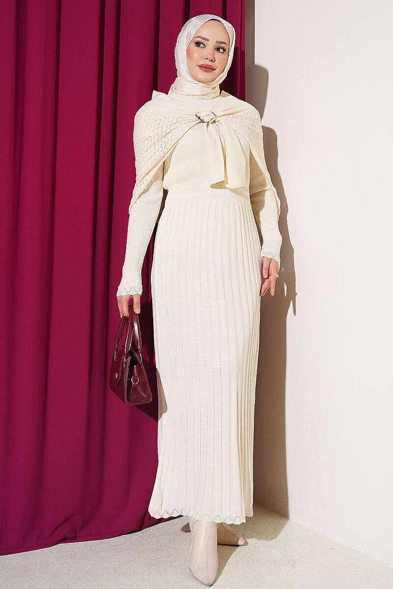 Shoulder Shawl Detail French Terry Knit Dress Beige