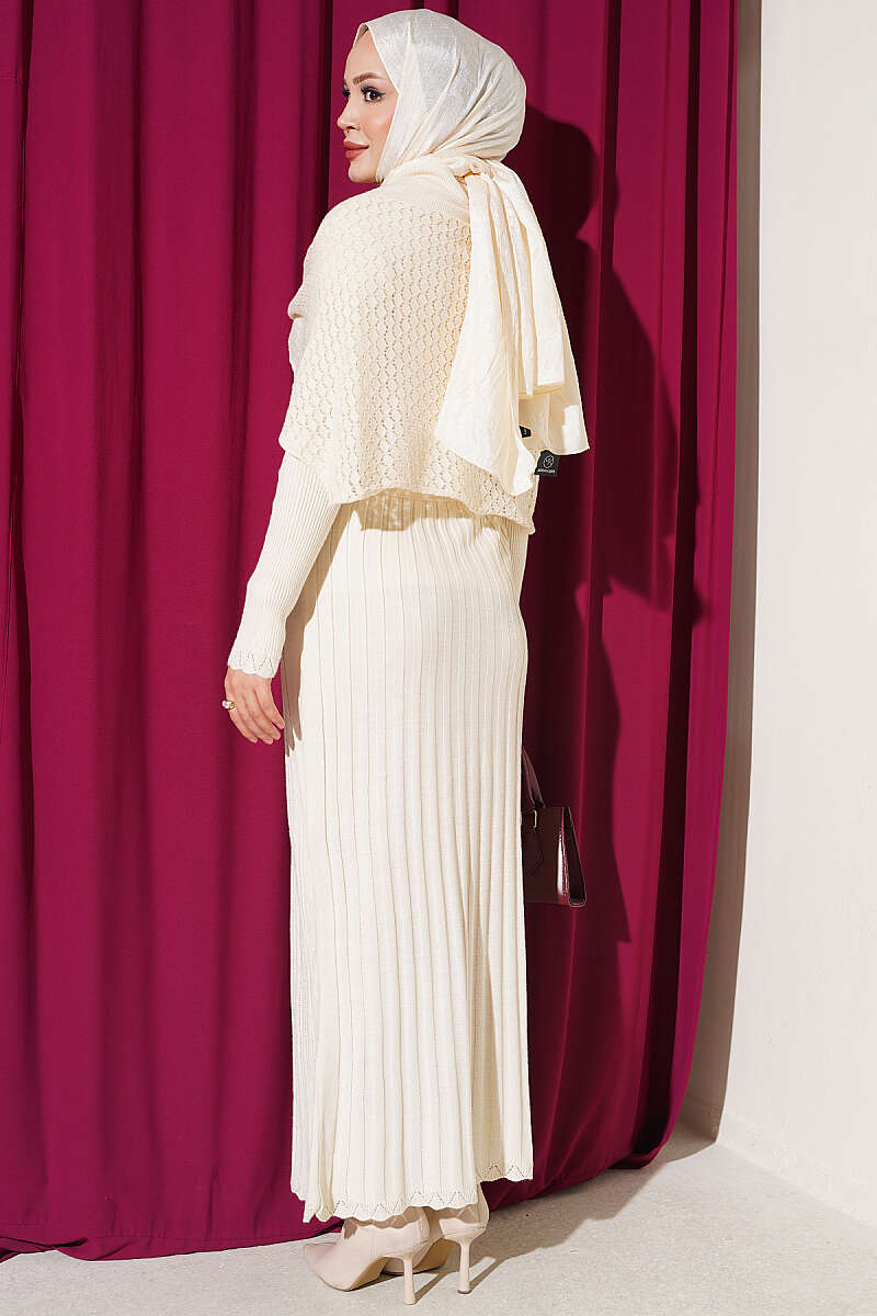 Shoulder Shawl Detail French Terry Knit Dress Beige - Imagen 3