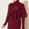 Shoulder Shawl Detail French Terry Knit Dress Burgundy – Image 2
