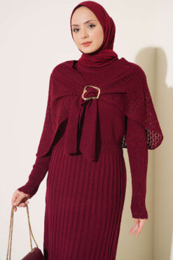 Alternative view of Shoulder Shawl Detail French Terry Knit Dress Burgundy