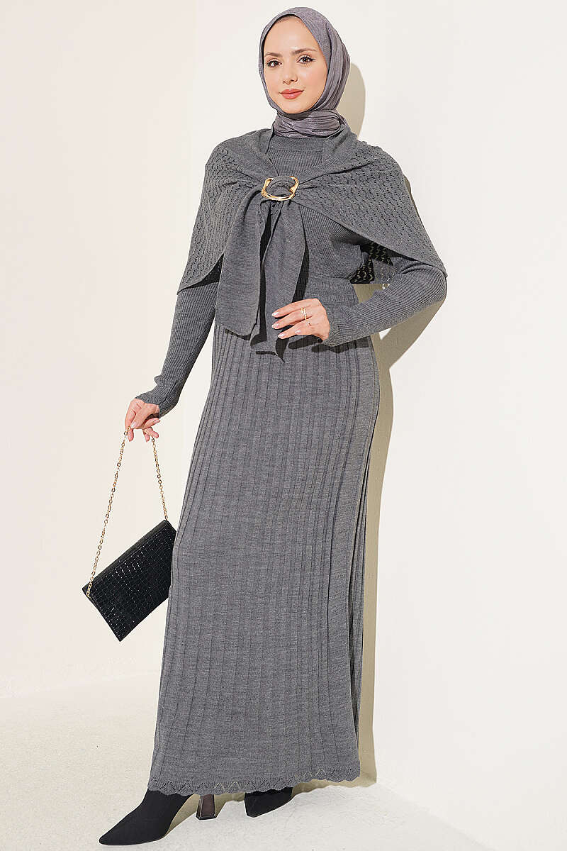 Shoulder Shawl Detail French Terry Knit Dress Smoke