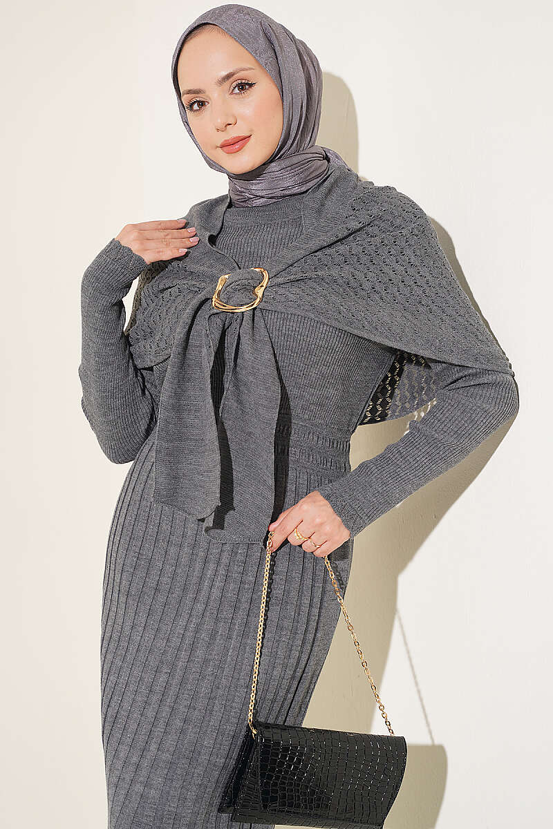 Shoulder Shawl Detail French Terry Knit Dress Smoke - الصورة 2