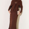 Shoulder Shawl Detail French Terry Knit Dress Brown