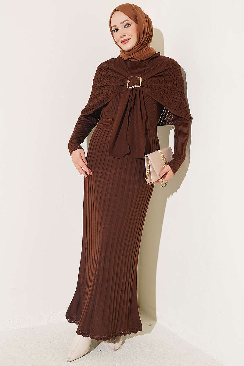 Shoulder Shawl Detail French Terry Knit Dress Brown