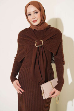 Alternative view of Shoulder Shawl Detail French Terry Knit Dress Brown