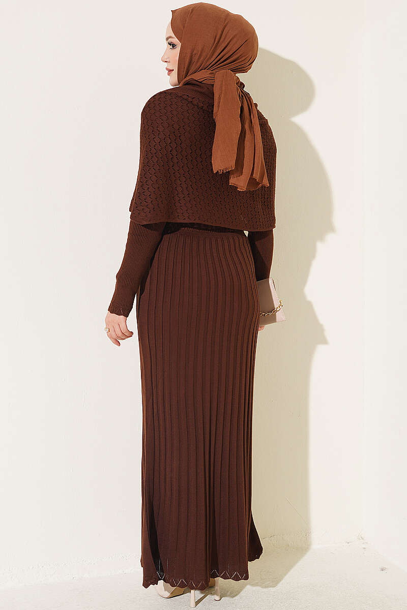Shoulder Shawl Detail French Terry Knit Dress Brown - الصورة 3