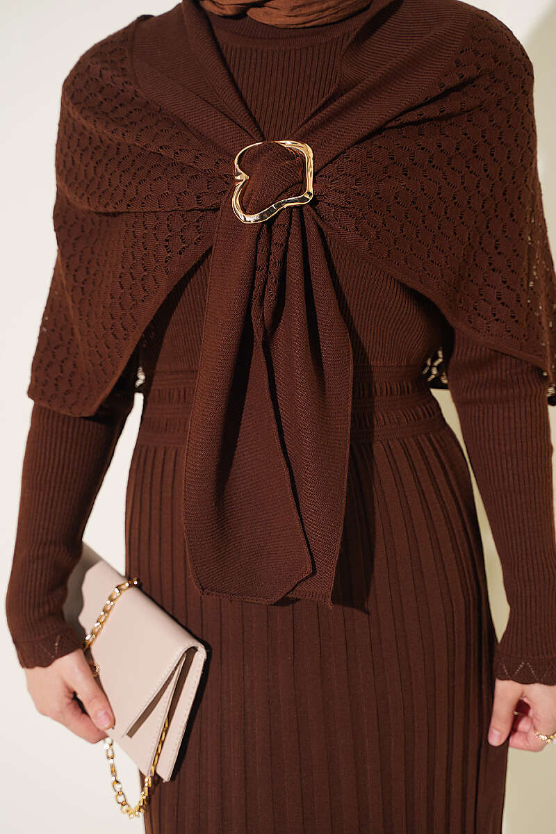 Shoulder Shawl Detail French Terry Knit Dress Brown - الصورة 4