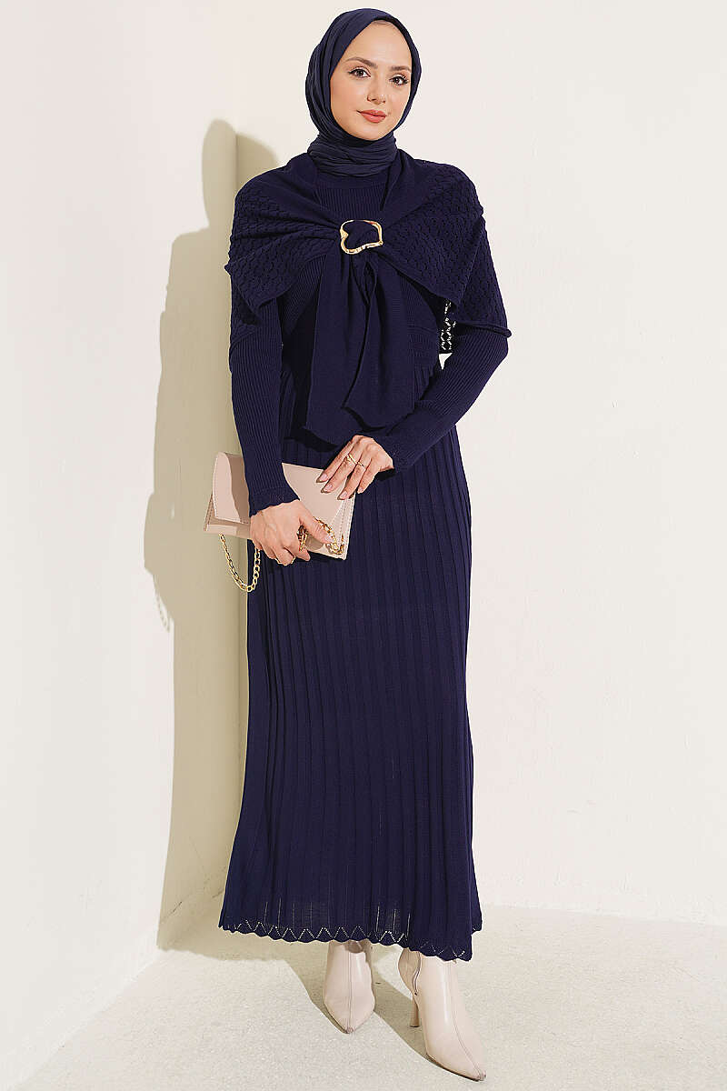 Shoulder Shawl Detail French Terry Knit Dress Navy Blue