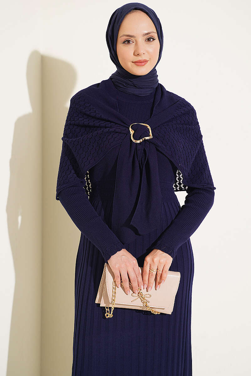 Shoulder Shawl Detail French Terry Knit Dress Navy Blue - الصورة 2