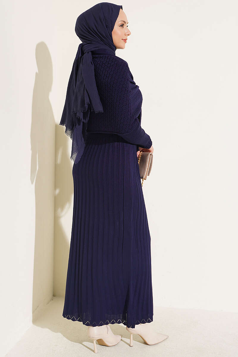 Shoulder Shawl Detail French Terry Knit Dress Navy Blue - الصورة 3
