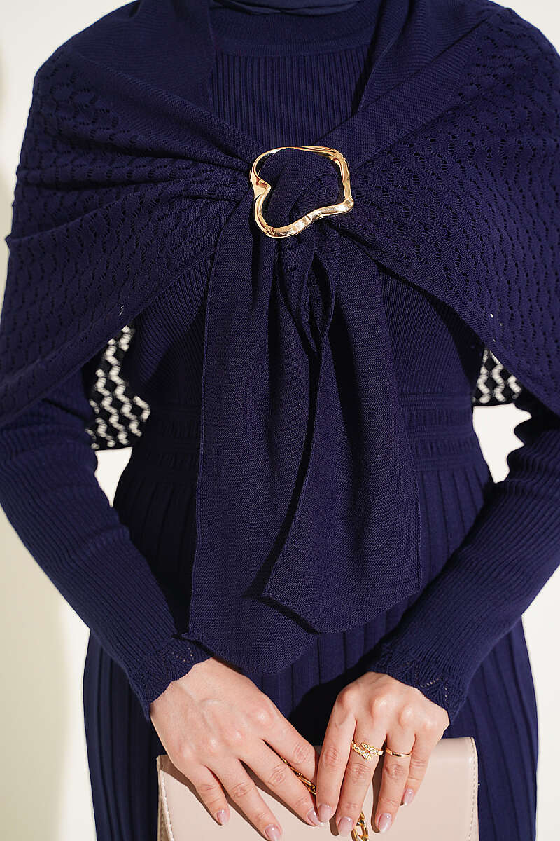 Shoulder Shawl Detail French Terry Knit Dress Navy Blue - الصورة 4