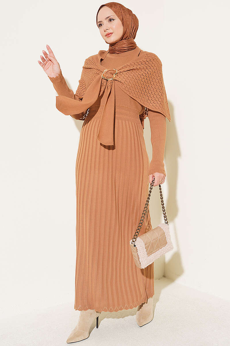Shoulder Shawl Detail French Terry Knit Dress Latte