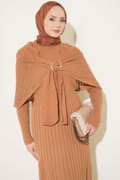 Alternative view of Shoulder Shawl Detail French Terry Knit Dress Latte