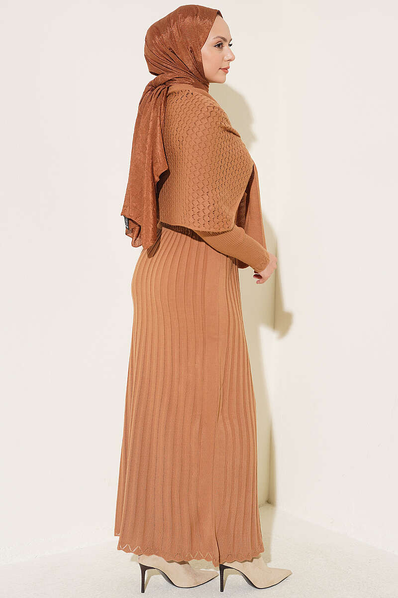 Shoulder Shawl Detail French Terry Knit Dress Latte - الصورة 3