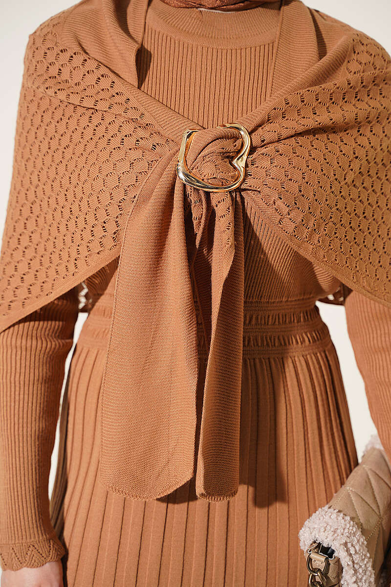 Shoulder Shawl Detail French Terry Knit Dress Latte - الصورة 4