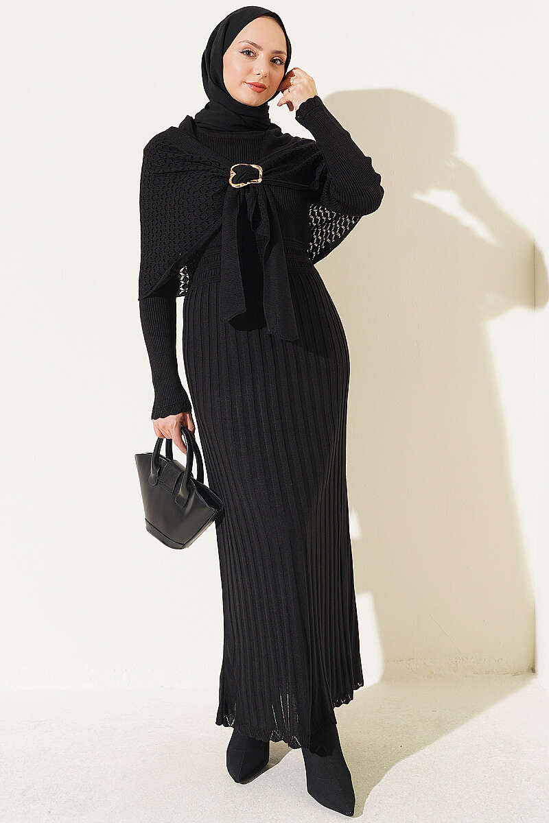 Shoulder Shawl Detail French Terry Knit Dress Black