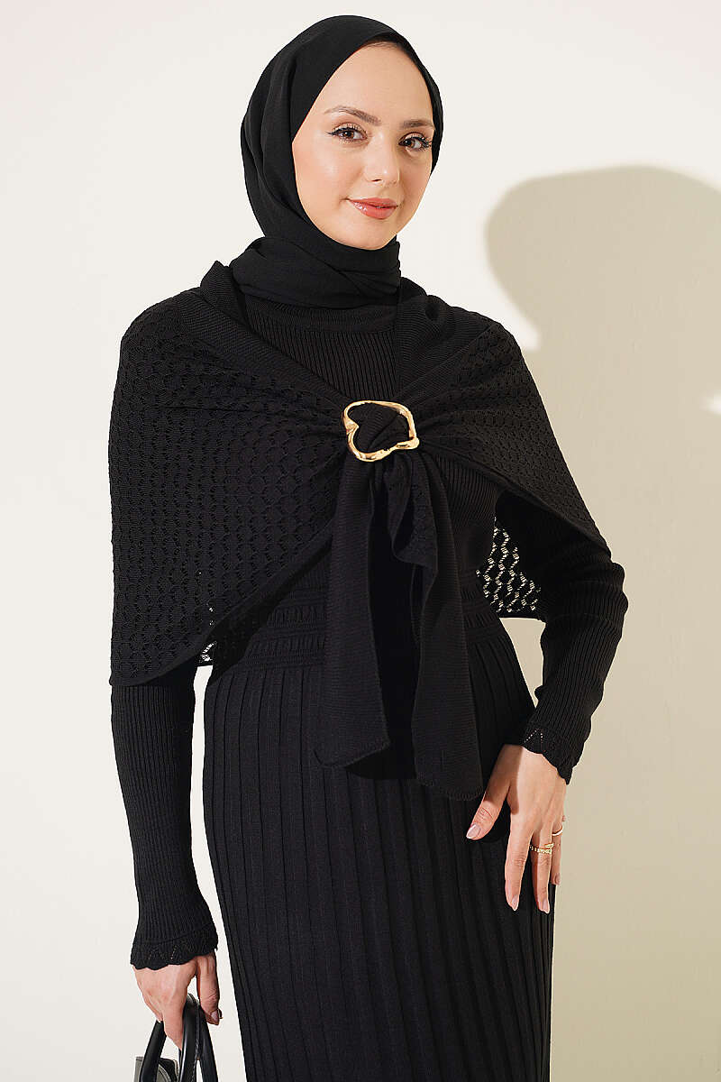Shoulder Shawl Detail French Terry Knit Dress Black - الصورة 2