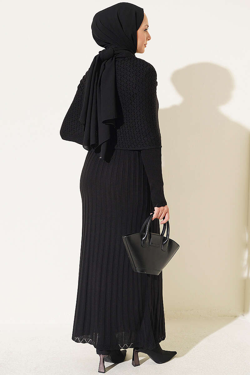 Shoulder Shawl Detail French Terry Knit Dress Black - الصورة 3