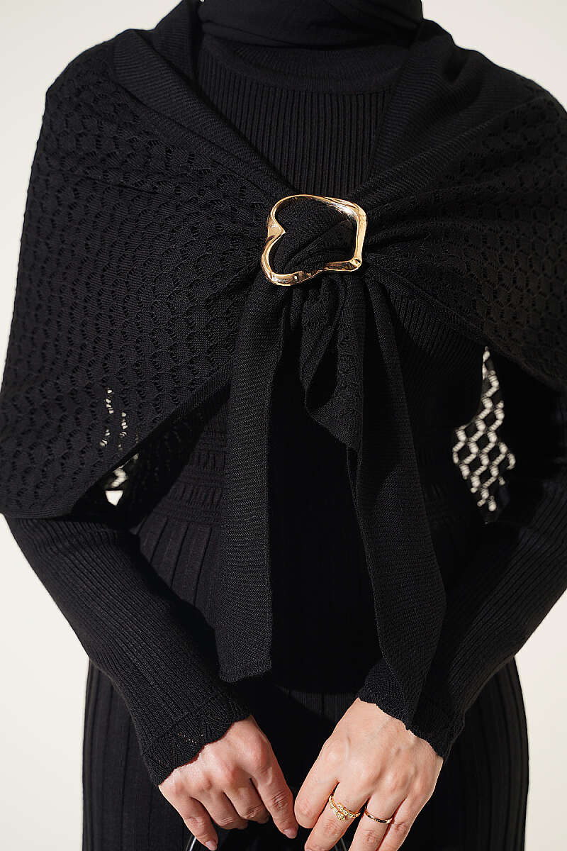 Shoulder Shawl Detail French Terry Knit Dress Black - الصورة 4