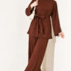 Striped Side Detail Embroidered Two-Piece Set Brown - Imagen 5