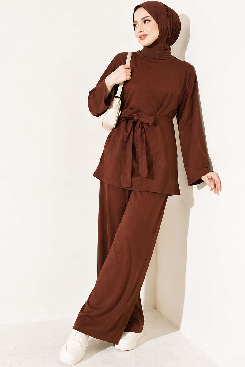 Striped Side Detail Embroidered Two-Piece Set Brown - Imagen 5