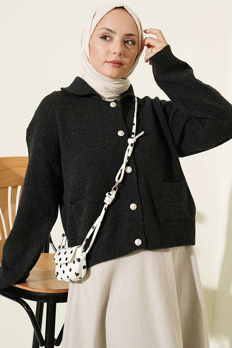 Front-Buttoned Gold-Buttoned Knit Cardigan with Pocket Anthracite