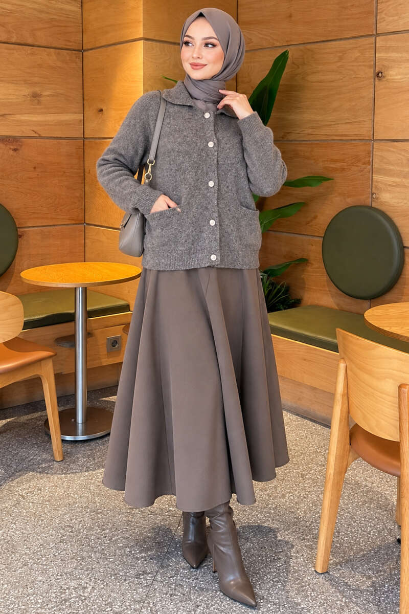 Front-Buttoned Gold-Buttoned Knit Cardigan with Pocket Smoke - الصورة 2