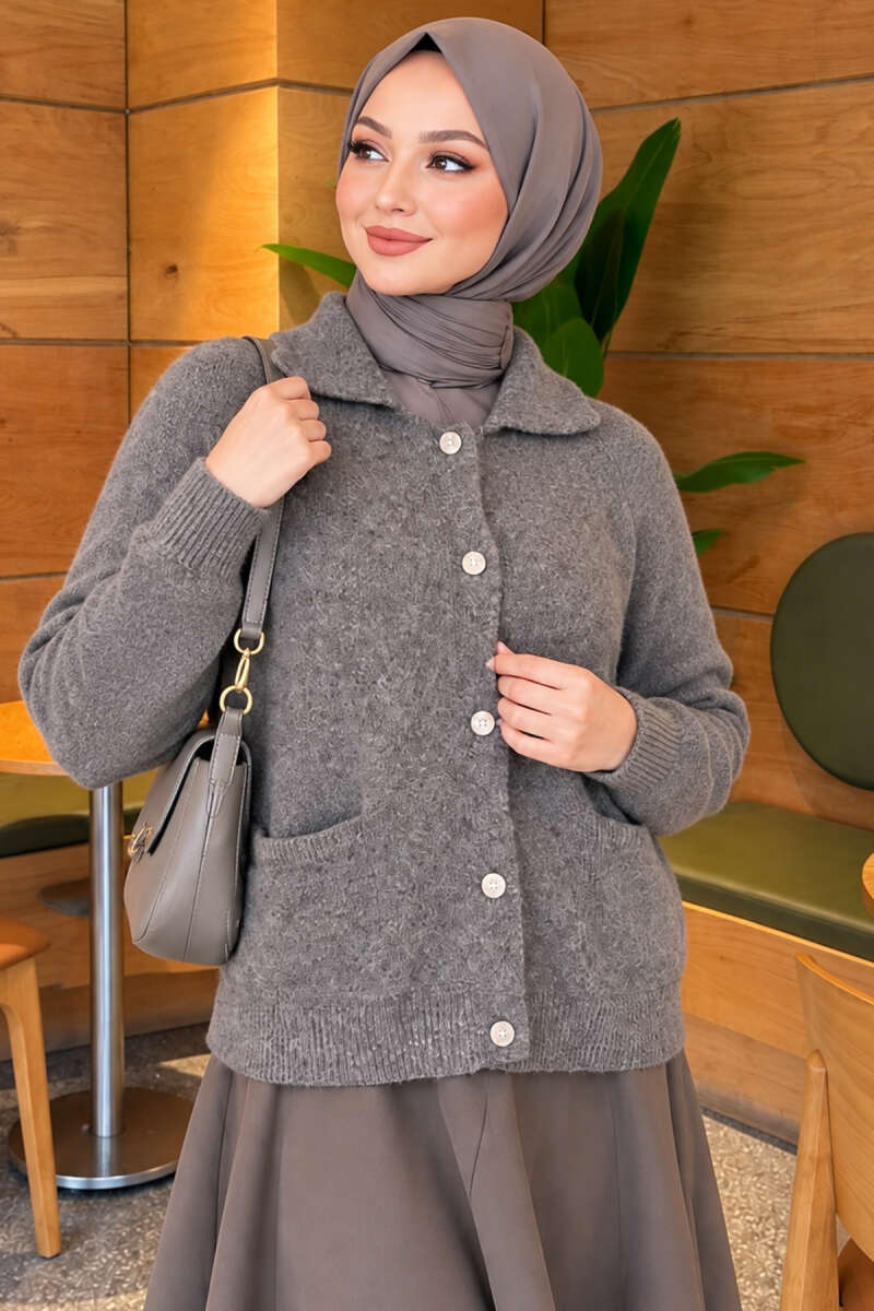 Front-Buttoned Gold-Buttoned Knit Cardigan with Pocket Smoke - الصورة 3