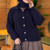 Front-Buttoned Gold-Buttoned Knit Cardigan with Pocket Navy Blue