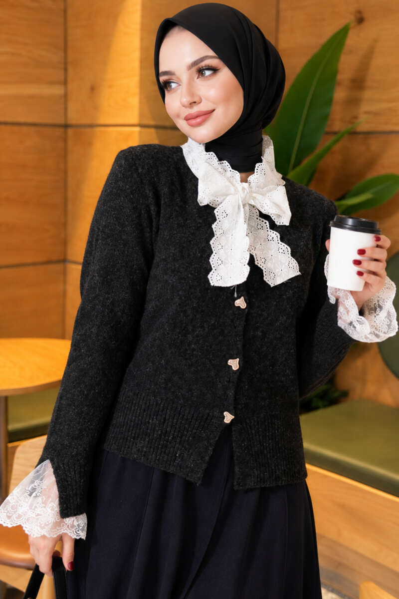 Knitted Cardigan with Front Lace and Tie Closure Anthracite