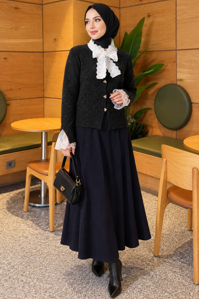 Knitted Cardigan with Front Lace and Tie Closure Anthracite - الصورة 2
