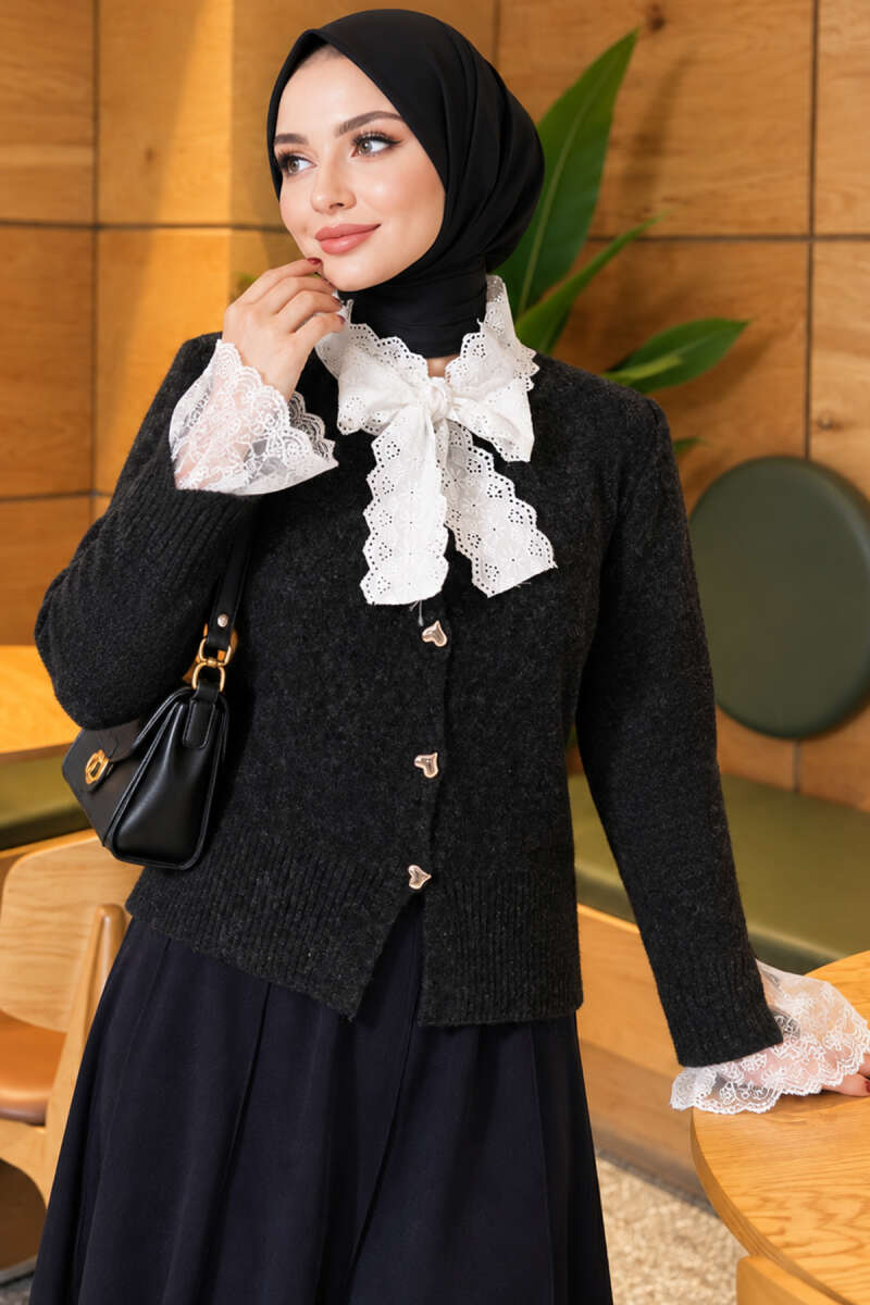 Knitted Cardigan with Front Lace and Tie Closure Anthracite - الصورة 3