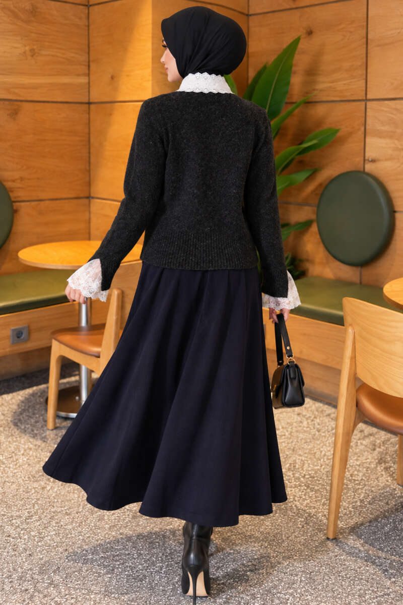 Knitted Cardigan with Front Lace and Tie Closure Anthracite - الصورة 4