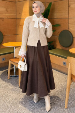 Alternative view of Knitted Cardigan with Front Lace and Tie Closure Beige