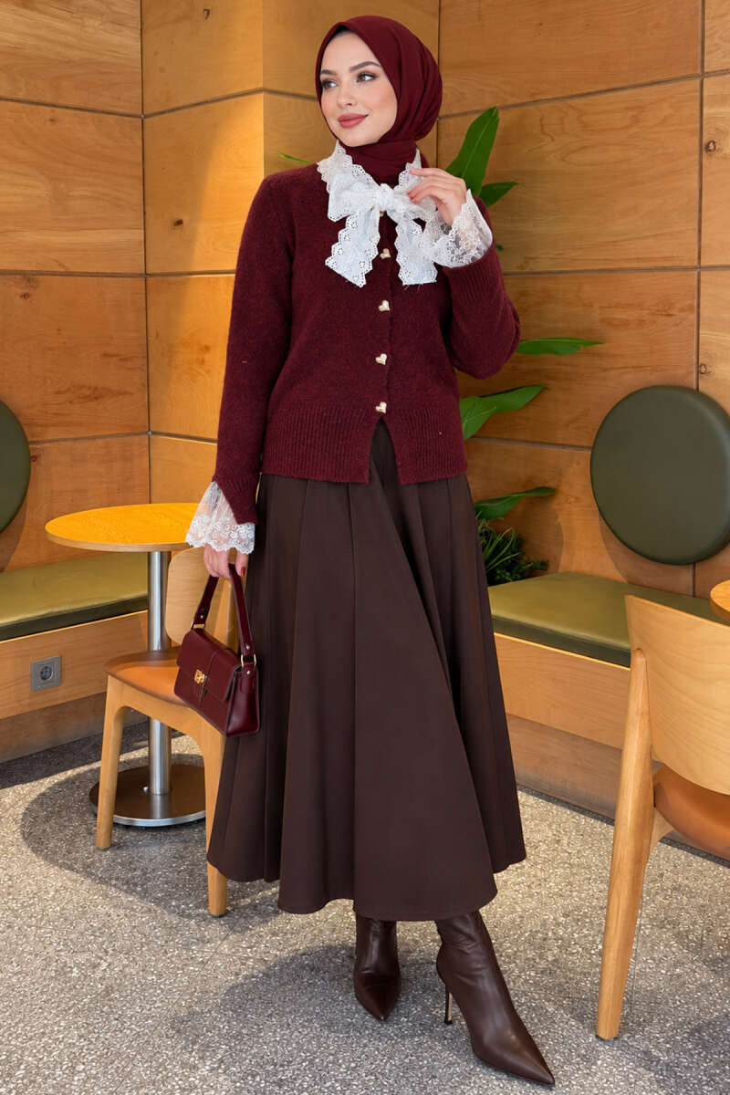 Knitted Cardigan with Front Lace and Tie Closure Burgundy – Bild 2