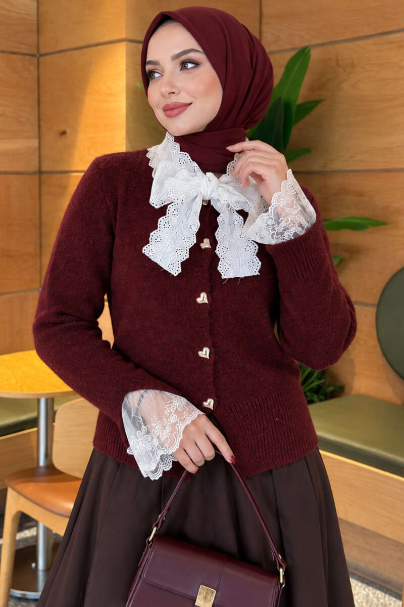 Knitted Cardigan with Front Lace and Tie Closure Burgundy – Bild 3