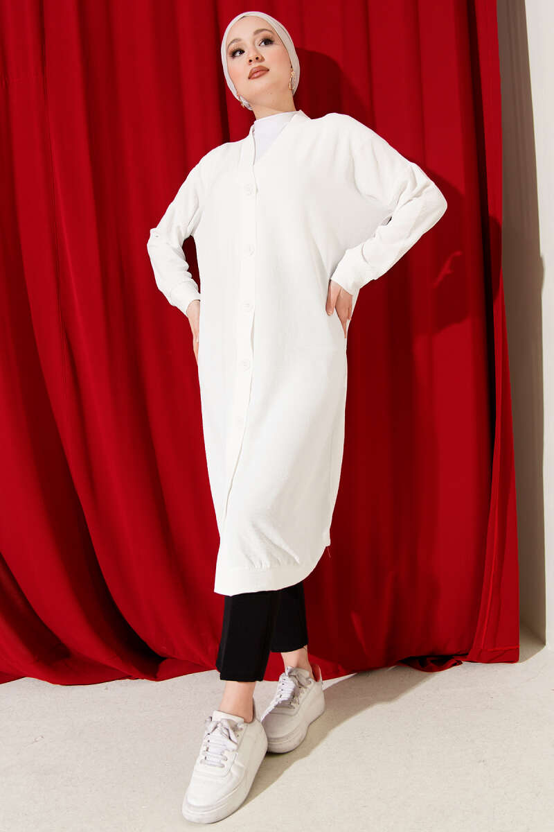Front-Buttoned Long Cardigan in French Terry White