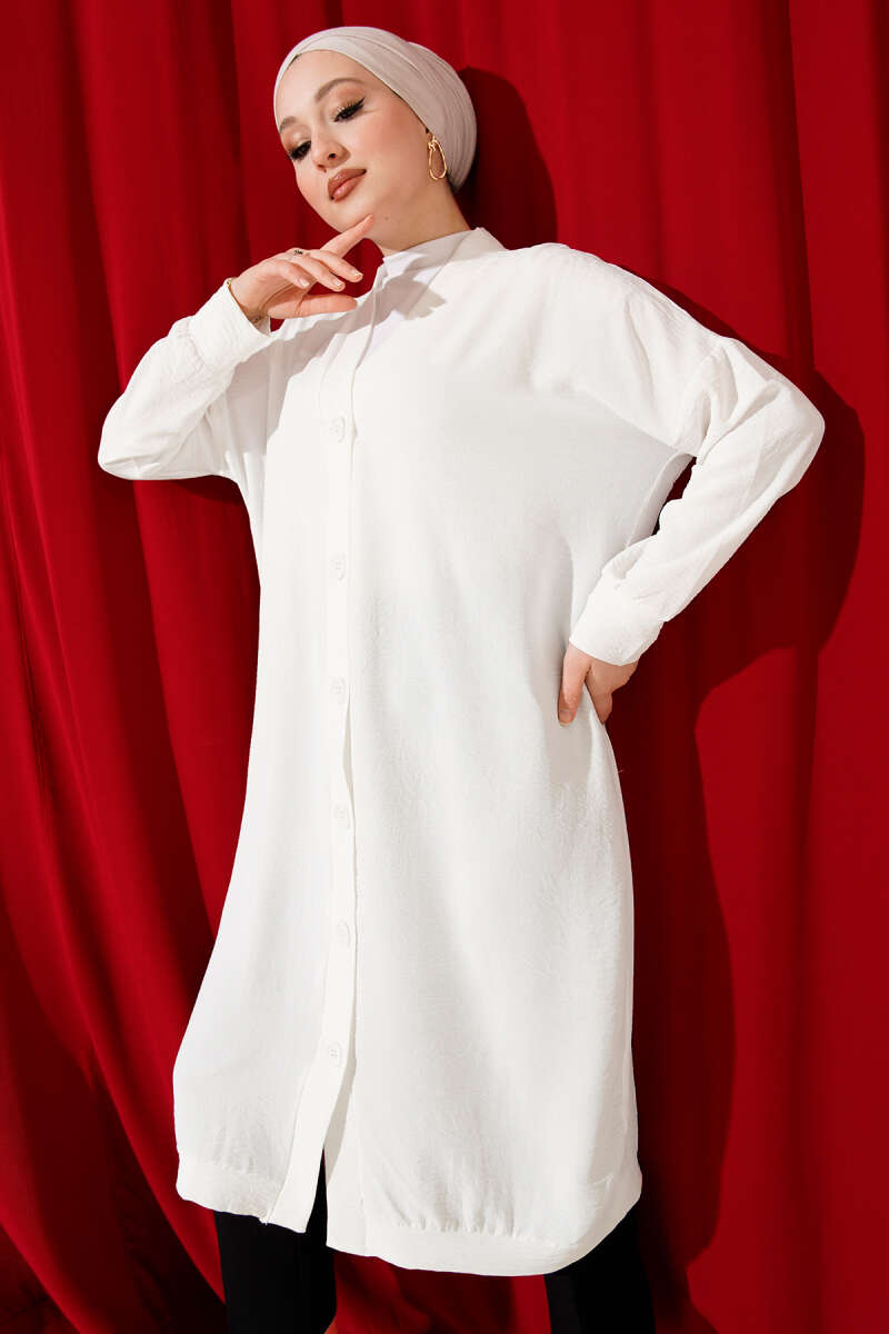 Front-Buttoned Long Cardigan in French Terry White - Imagen 2