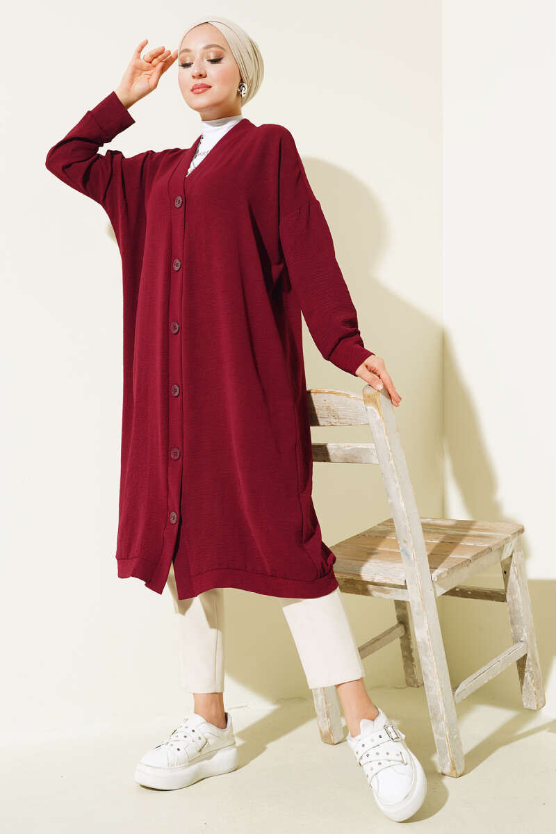 Front-Buttoned Long Cardigan in French Terry Burgundy