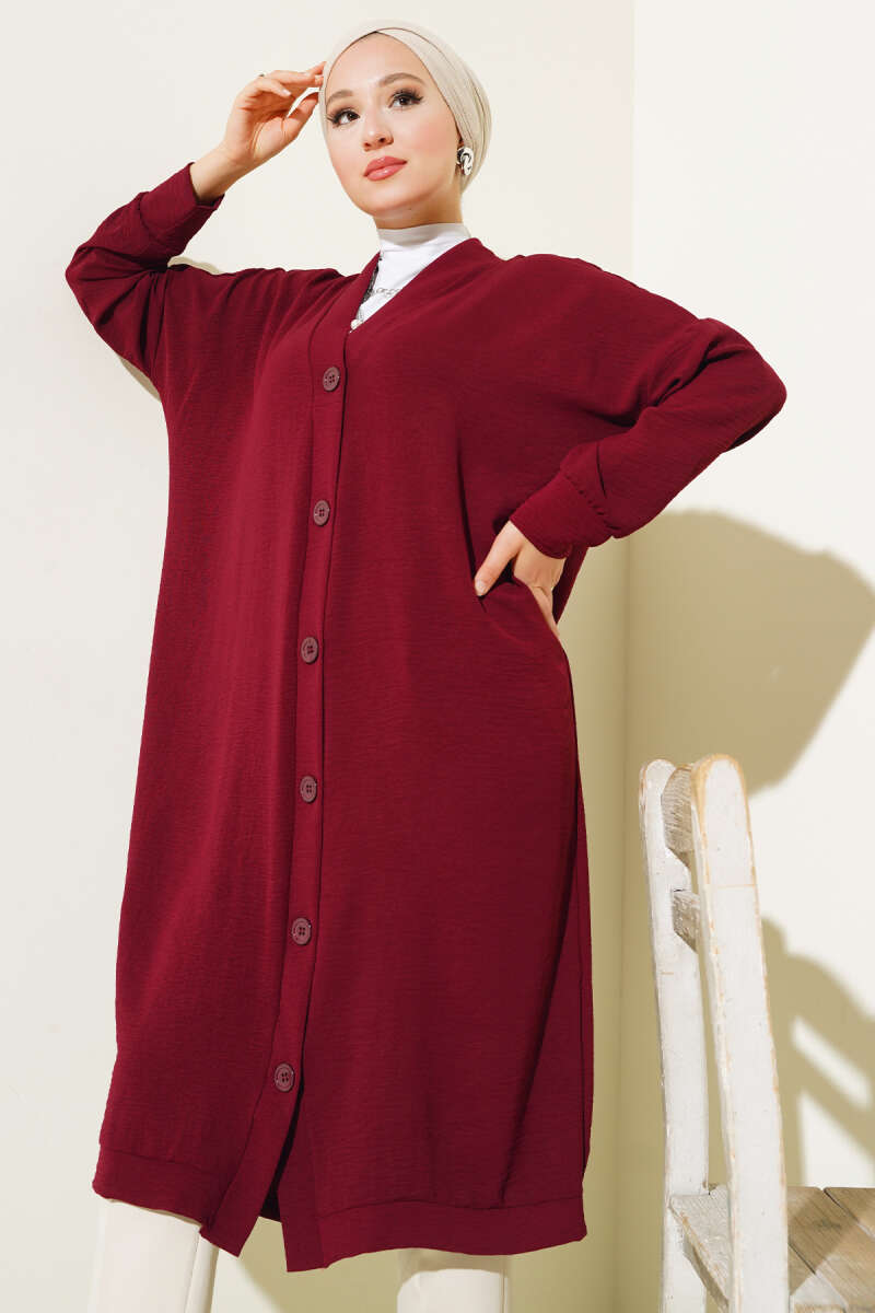 Front-Buttoned Long Cardigan in French Terry Burgundy - Imagen 2