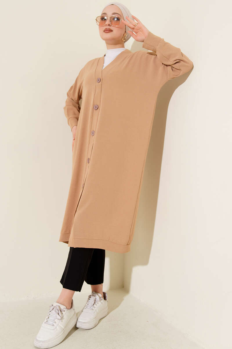 Front-Buttoned Long Cardigan in French Terry Bisque