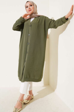 Alternative view of Front-Buttoned Long Cardigan in French Terry Khaki