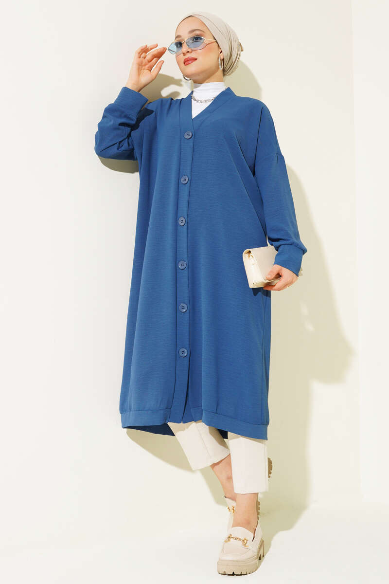 Front-Buttoned Long Cardigan in French Terry Indigo - Imagen 2