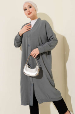 Alternative view of Front-Buttoned Long Cardigan in French Terry Slate Grey